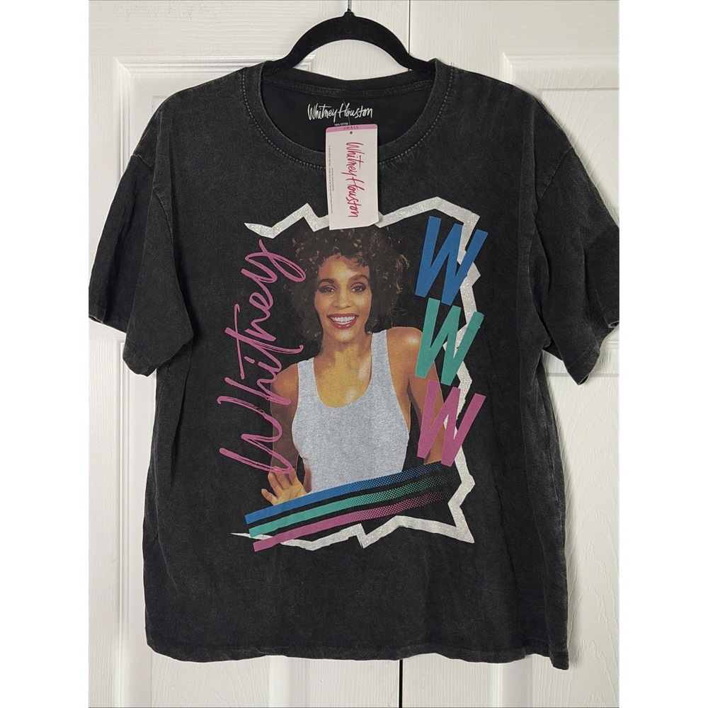 Whitney Houston Graphic Band Tee Womens Size M Black Acid Wash Cotton Retro 80s
